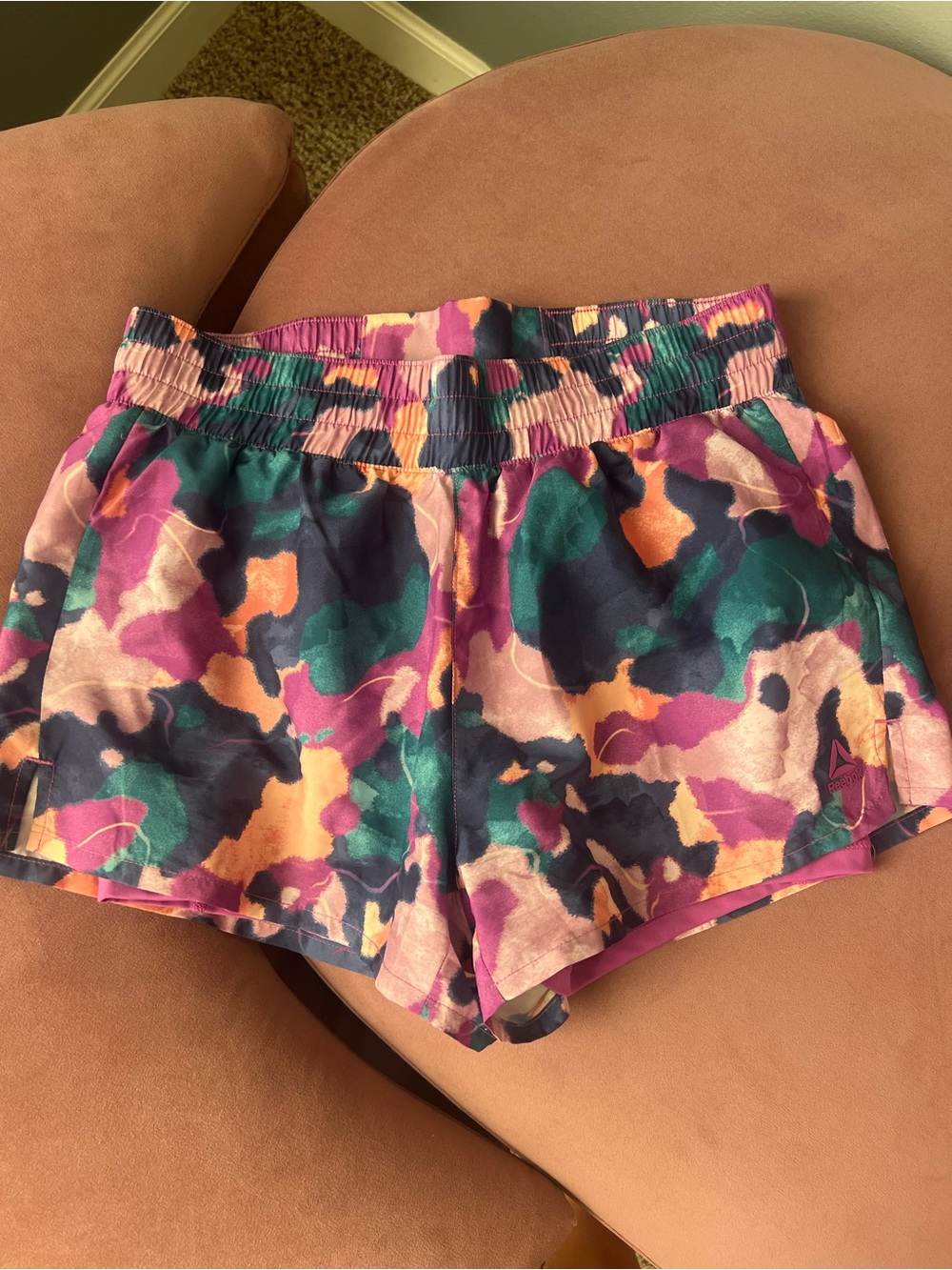 Reebok Multicolor Abstract Athletic Shorts in Teal, Purple & Peach